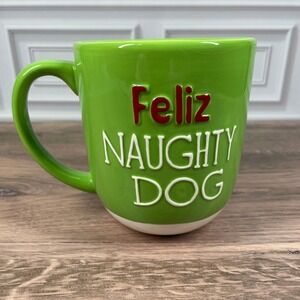 Feliz Naughty Dog Christmas Mug Green Holiday Dog Tree Lights Ceramic Coffee Cup